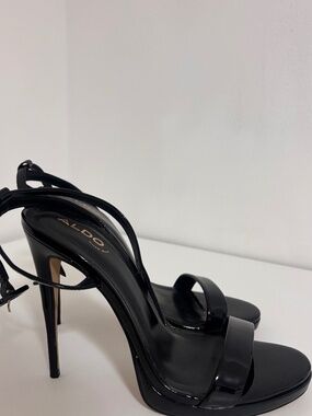 Aldo Shiny Black Ankle Strap Heels